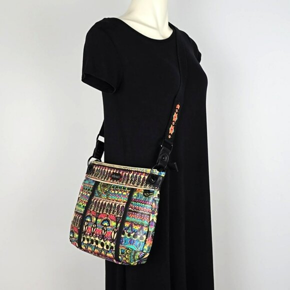 Sakroots Crossbody Medium Bag Coated Canvas Boho Art-To-Wear Multi Color Neon - Picture 2 of 16